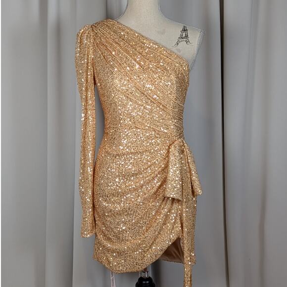 IEENA for Mac Duggal Gold Sequin One Shoulder Ruched Mini Dress Size 8 - Picture 16 of 16